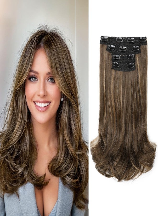 REECHO Clip-in Hair Extensions, 4PCS Lace Weft, 14" Short Wavy Hairpieces, Invisible Clip Ins, Natural Soft, Chocolate Brown with Highlights - Image 1