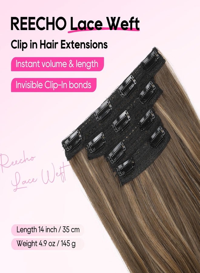 REECHO Clip-in Hair Extensions, 4PCS Lace Weft, 14" Short Wavy Hairpieces, Invisible Clip Ins, Natural Soft, Chocolate Brown with Highlights - Image 2