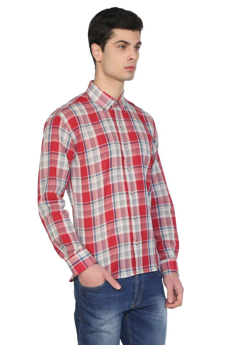 اليش شيل بيزي Long Sleeve Slim Fit Şile Cloth Single Pocket Men's Shirt Red Navy Blue Plaid 3057