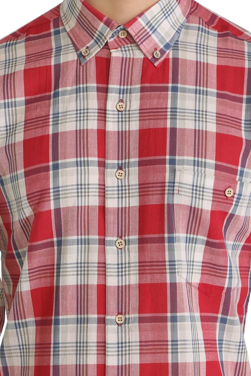 اليش شيل بيزي Long Sleeve Slim Fit Şile Cloth Single Pocket Men's Shirt Red Navy Blue Plaid 3057