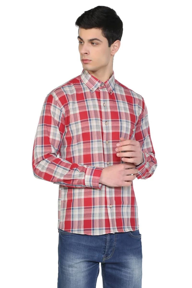اليش شيل بيزي Long Sleeve Slim Fit Şile Cloth Single Pocket Men's Shirt Red Navy Blue Plaid 3057