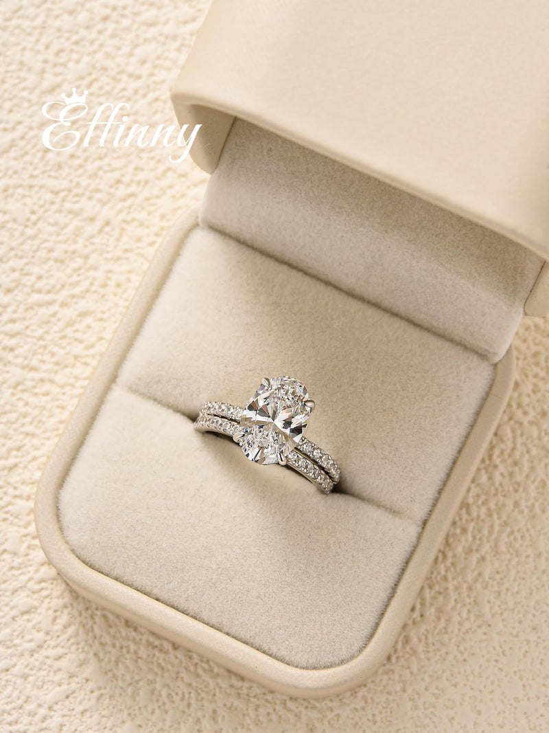 Effinny 3.5ct Elongated Oval Cut Engagement Ring Set,925 Sterling Silver Bridal Ring Set with Half Eternity Wedding Ring (Silver, 7) - Image 2