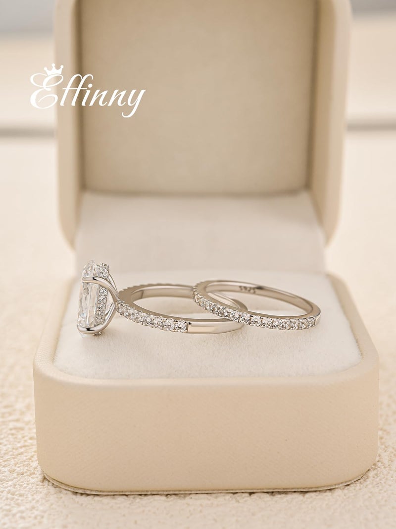 Effinny 3.5ct Elongated Oval Cut Engagement Ring Set,925 Sterling Silver Bridal Ring Set with Half Eternity Wedding Ring (Silver, 7) - Image 3
