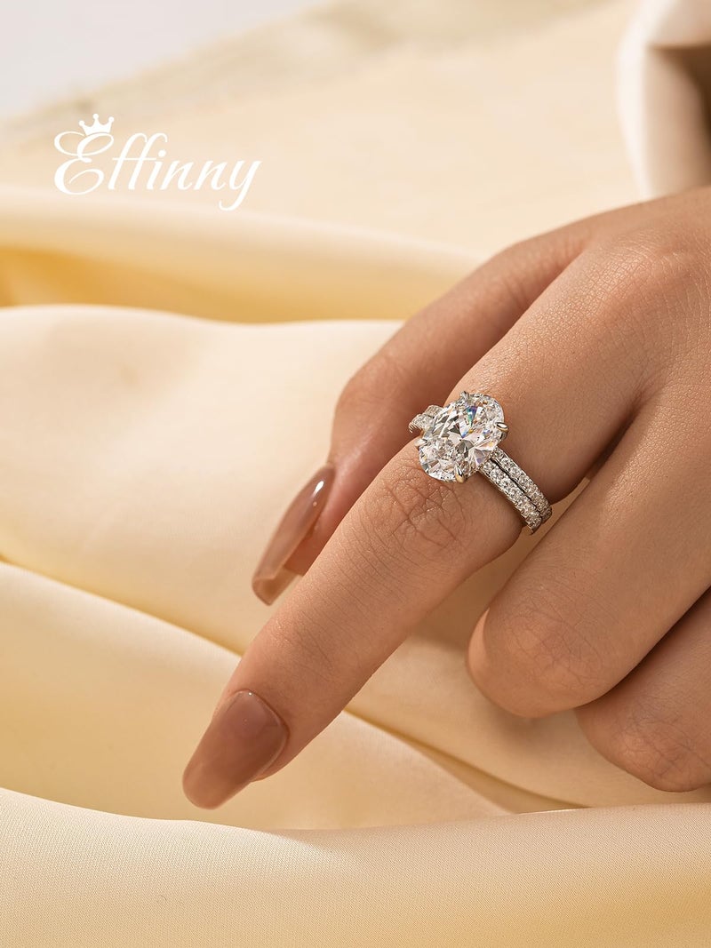 Effinny 3.5ct Elongated Oval Cut Engagement Ring Set,925 Sterling Silver Bridal Ring Set with Half Eternity Wedding Ring (Silver, 7) - Image 4