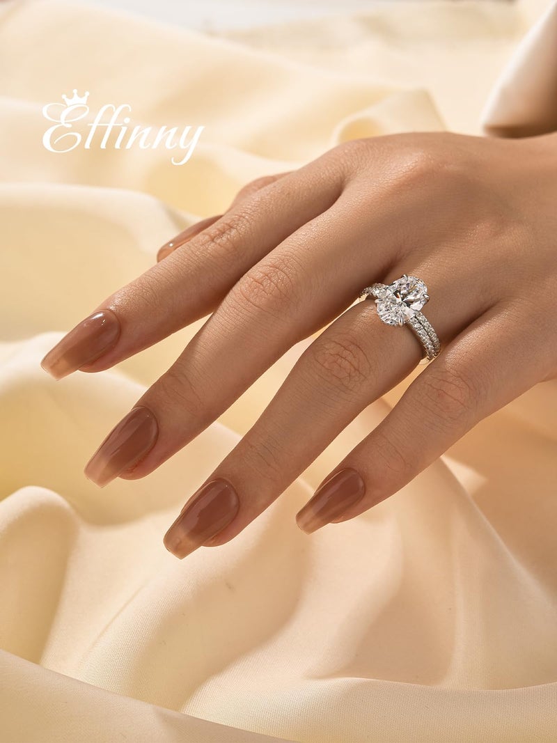 Effinny 3.5ct Elongated Oval Cut Engagement Ring Set,925 Sterling Silver Bridal Ring Set with Half Eternity Wedding Ring (Silver, 7) - Image 5
