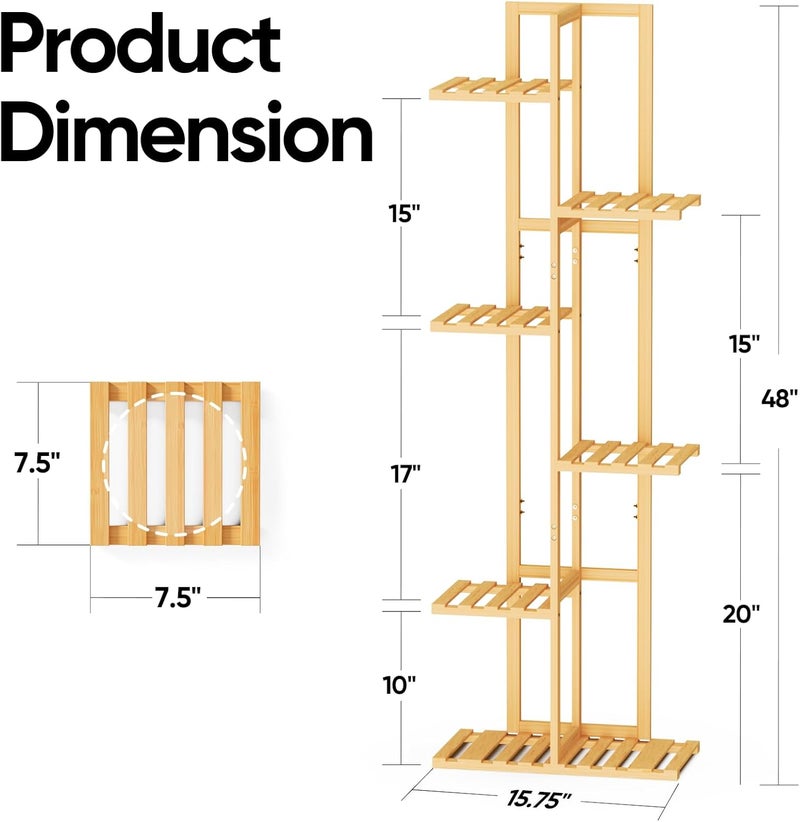 ROSSNY 48 Inch Talll Plant Stand Indoor, 6 Tier 7 Potted Bamboo Plant Stands for Indoor Plants, Corner Plant Stand, Plant Shelf For Indoor, Tiered Plant Stands, Indoor Plant Holder, Natural - Image 1