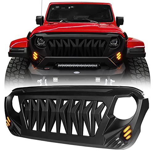 Hooke Road JL/JT Front Grill Cover Shark Grille Guard for Jeep Wrangler JL JLU & Gladiator JT 2018-2025 (Amber Signal Lights Included) - Image 1