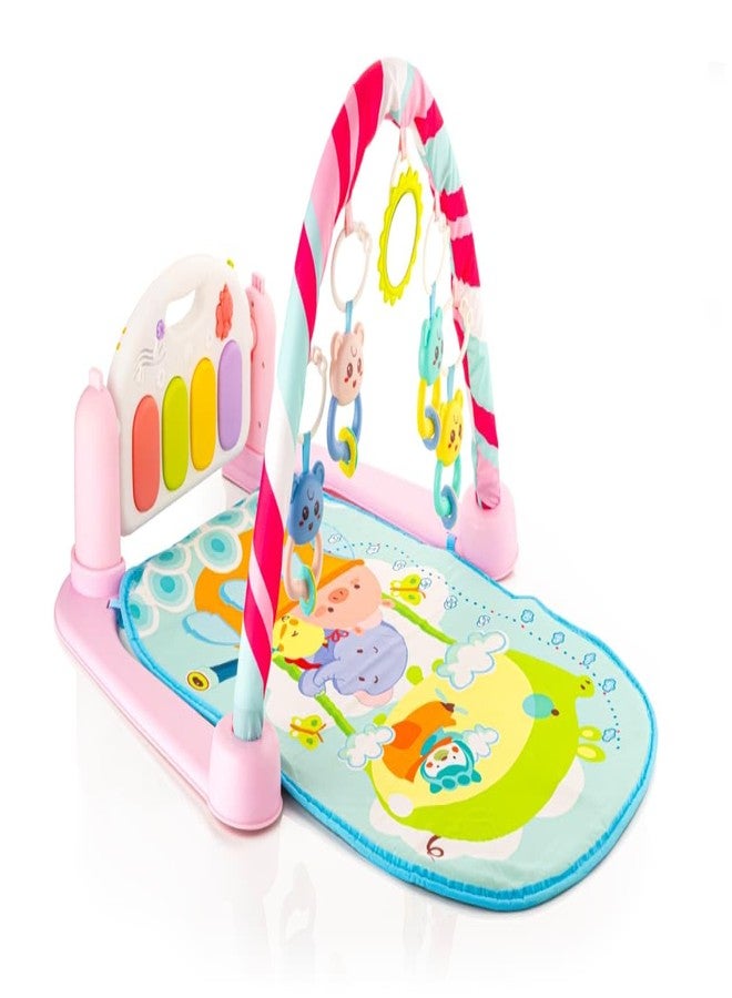Yetli 5 in 1 Musical Keyboard Mat Piano Gym Mat & Fitness Rack, Musical and Hanging Toys, Early Learning Infant Play Mat for Newborns and Toddlers (Pink/Blue) - Image 1