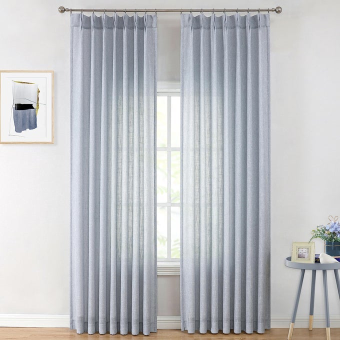 BLUE PINCH PLEATED SEMI SHEER CURTAINS TEXTURED LIGHT FILTERING WINDOW CURTAINS 84 INCH FOR LIVING ROOM BEDROOM RAYON BLENDED CHAMBRAY BLUE PINCH PLEAT DRAPES WITH HOOKS 2 PANELS 40WX84L