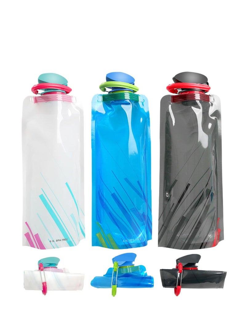 SYOSI (6 عبوات) زجاجة مياه كبيرة قابلة للطي بسعة 700 مل، زجاجة مياه محمولة قابلة للطي بالكامل للجري وركوب الدراجات والسفر والتخييم والمشي لمسافات طويلة والرياضات الخارجية والداخلية (أسود، أزرق، أبيض) - Image 1