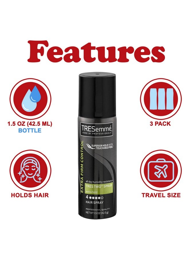 TRESemmé Tresemme Travel Size Hair Spray, 3 Pack, Tres Two Spray, Extra Hold Styling Hair Spray with All Day Humidity Resistance, Extra Firm Control Hairspray, 1.5 oz Each  - Image 2