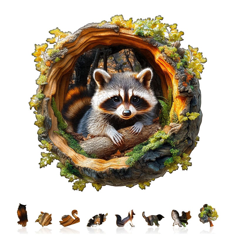 Jigfoxy Wooden Puzzles for Adults Raccoon in a Tree Hole Wood Puzzles Adult Unique Animal Shape Wooden Jigsaw Puzzles for Adults Christmas and Thanksgiving Gifts for Friends M114 113in190p - Image 3