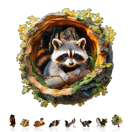 Jigfoxy Wooden Puzzles for Adults Raccoon in a Tree Hole Wood Puzzles Adult Unique Animal Shape Wooden Jigsaw Puzzles for Adults Christmas and Thanksgiving Gifts for Friends M114 113in190p - Image 1