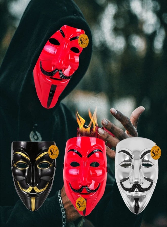 Sage Square Black, Red & Silver Vendetta FACE MASK Fawkes Mask Anonymous VIP Edition Face-Mask Perfect Fit Cosplay V for Vendetta (Set Of 3) - Image 2