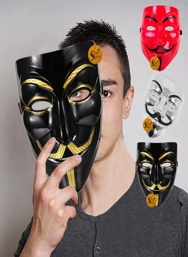 Sage Square Black, Red & Silver Vendetta FACE MASK Fawkes Mask Anonymous VIP Edition Face-Mask Perfect Fit Cosplay V for Vendetta (Set Of 3) - Image 3