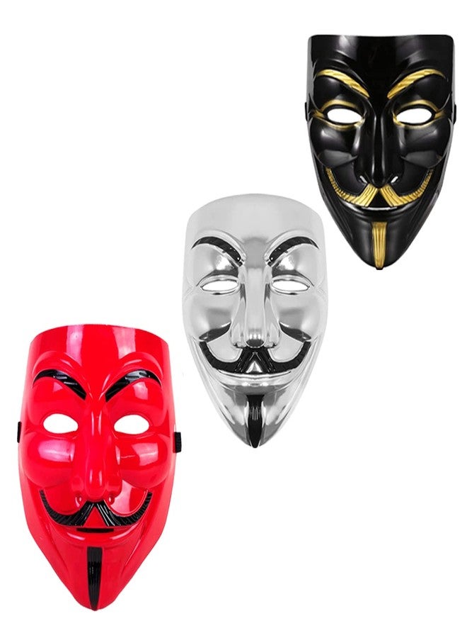 Sage Square Black, Red & Silver Vendetta FACE MASK Fawkes Mask Anonymous VIP Edition Face-Mask Perfect Fit Cosplay V for Vendetta (Set Of 3) - Image 1