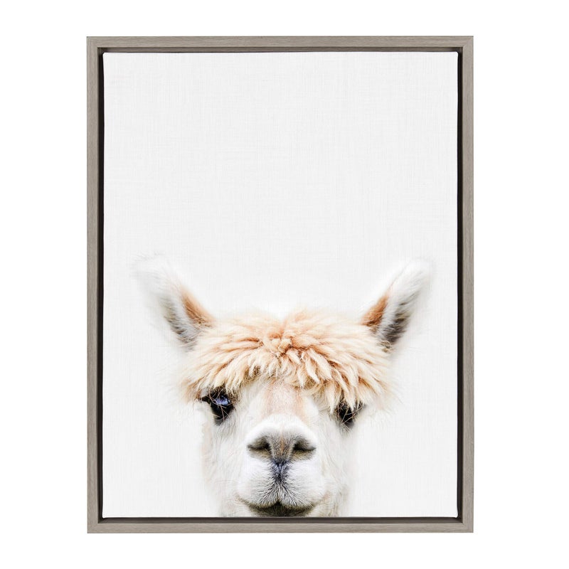 Kate and Laurel Kate and Laurel Sylvie Alpaca Bangs Animal Print Portrait Framed Canvas Wall Art by Amy Peterson 18x24 Gray  - Image 1