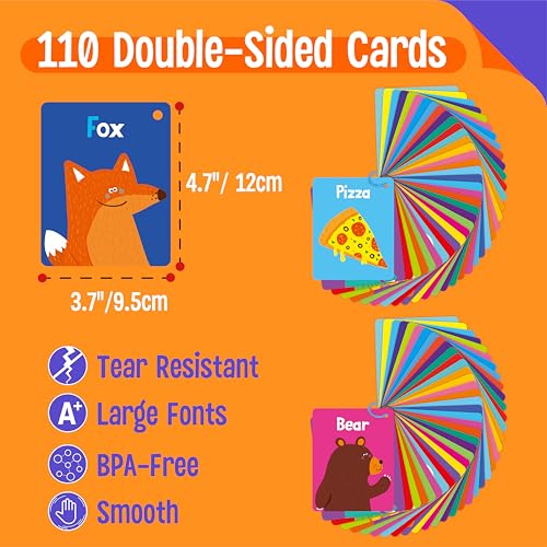 SpriteGru 110 PCS Early Learning Flashcards, Double Sided Cards- Alphabet, Numbers, Foods, Animals, Shapes, Colors, Home Object with 4 Reclosable Rings, Learning Tool for Pre-K Kindergarten Toddlers - Image 2