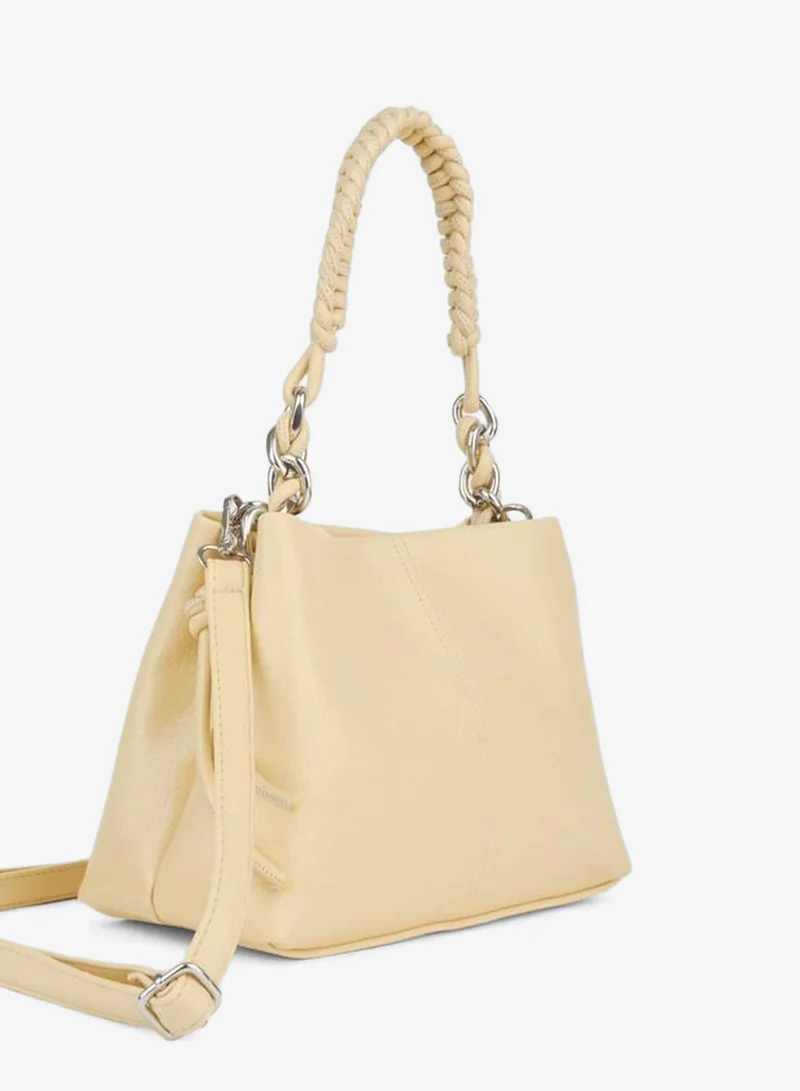 Women's Yellow Synthetic Leather Knitted Strap Lined Zipper Closure Hand, Arm and Shoulder Bag.