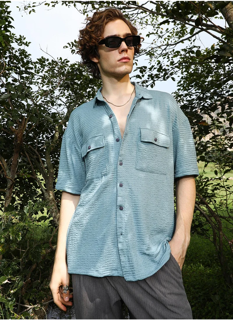 Campus Sutra Men's Sage Green Tactile-Utility Oversized Shirt
