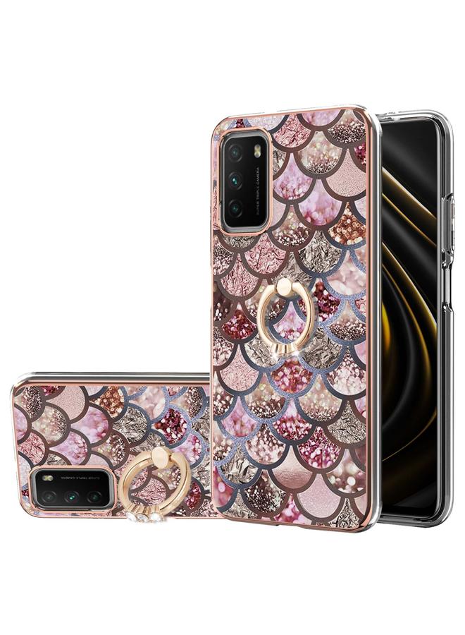 The Bros Case For Xiaomi Poco M3/Redmi Note 9 4G/Redmi 9 Power/Redmi 9T Electroplating Pattern IMD TPU Shockproof Case with Rhinestone Ring Holder