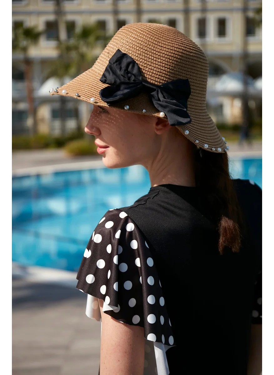 Remsa Mayo Pearl Ribbon Detailed Straw Hat Rş-76 Camel