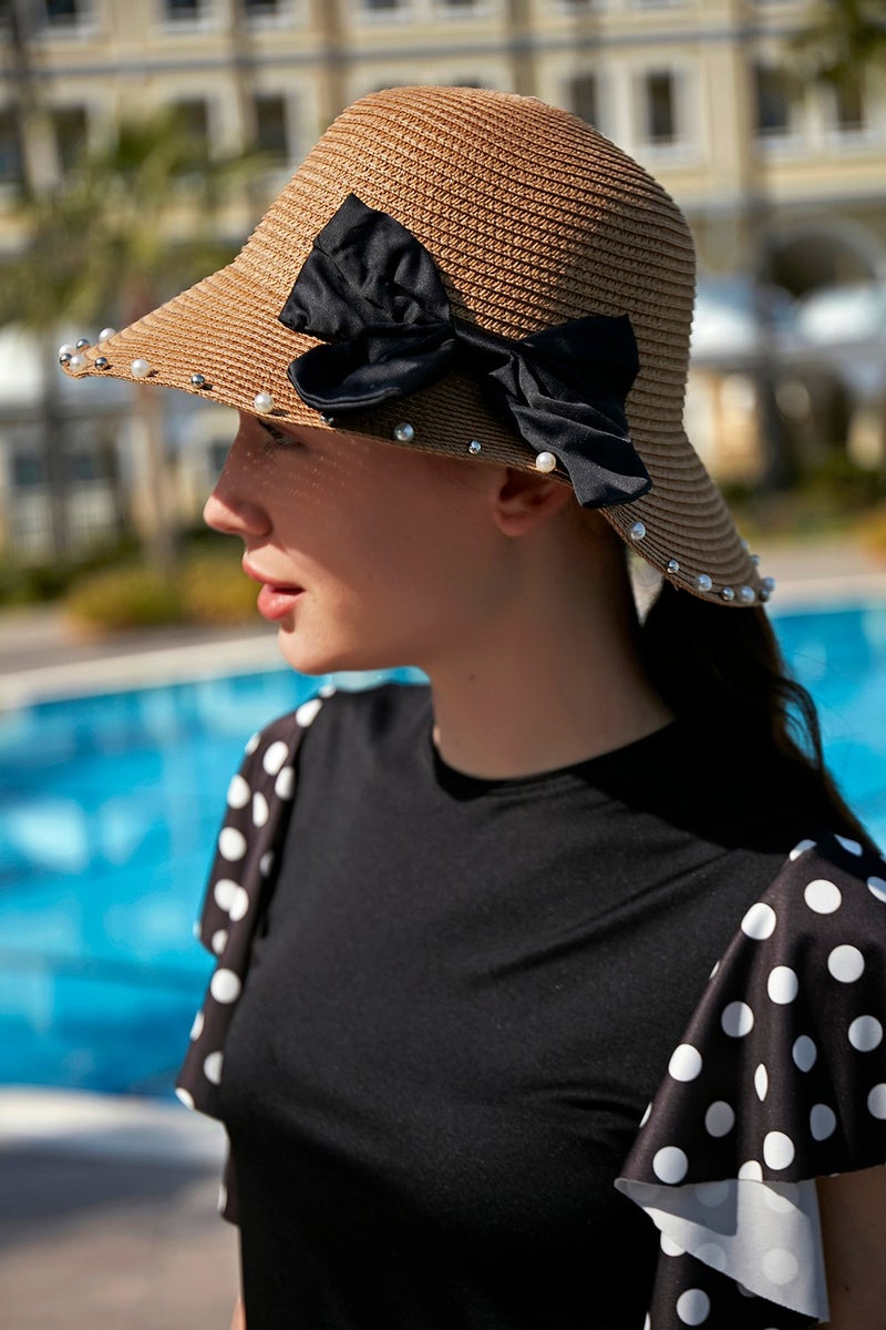 Remsa Mayo Pearl Ribbon Detailed Straw Hat Rş-76 Camel  - Image 1