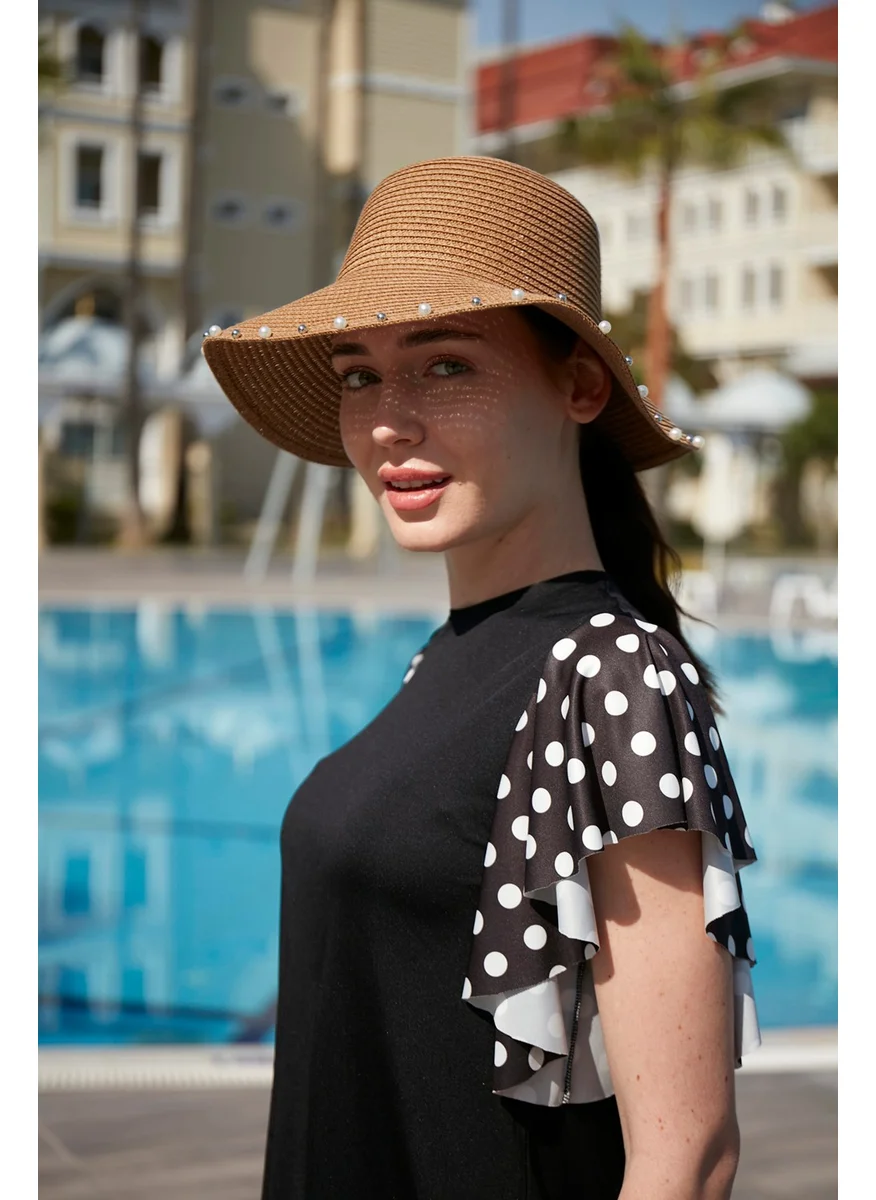 Remsa Mayo Pearl Ribbon Detailed Straw Hat Rş-76 Camel