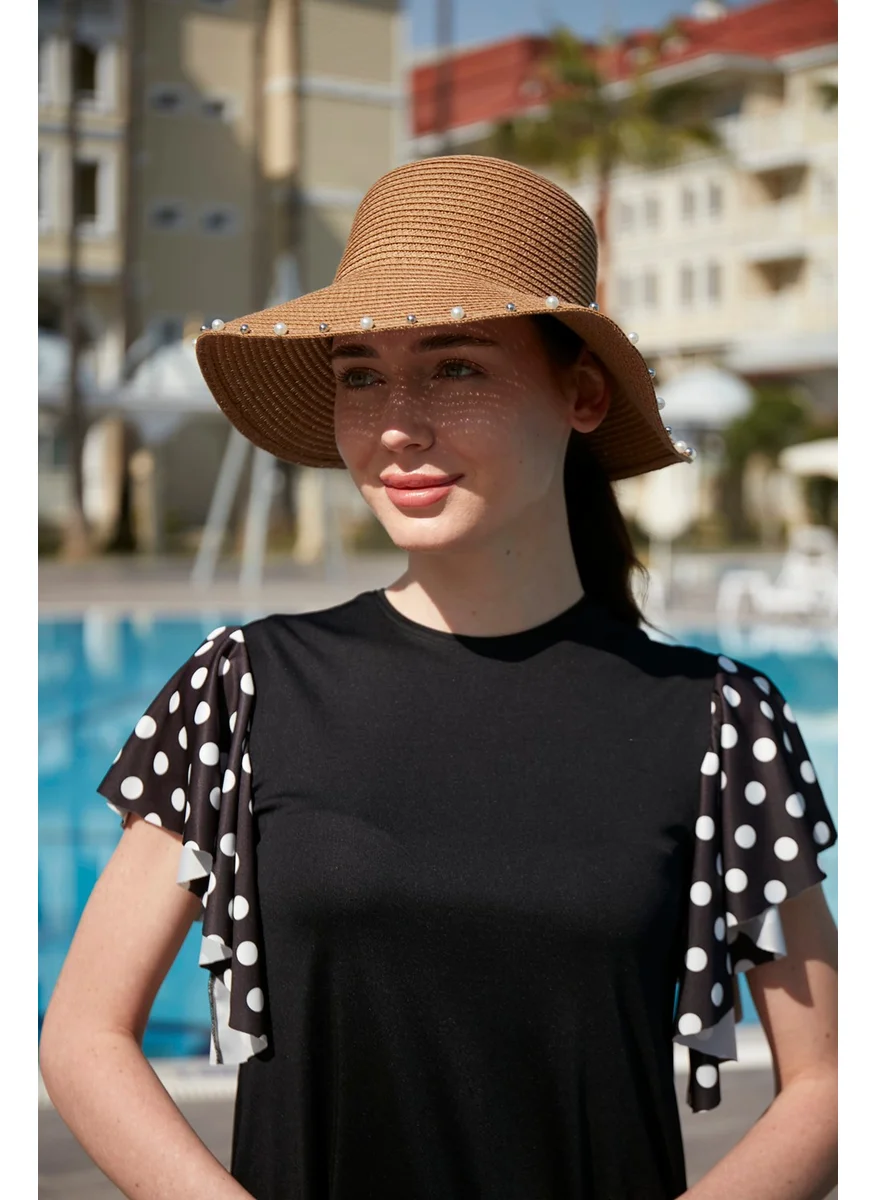 Remsa Mayo Pearl Ribbon Detailed Straw Hat Rş-76 Camel