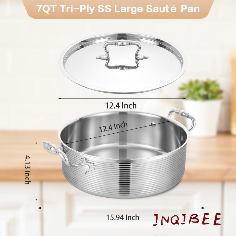Inqibee Tri-Ply Stainless Steel 7 Quart Rondeau Pot with Lid Braiser Pan, 12 inch Deep Frying Pan, Versatile Cookware, Large Saute Pan, Compatible With All Cooktops, Induction Compatible, Oven-Safe - Image 5