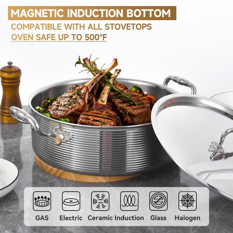 Inqibee Tri-Ply Stainless Steel 7 Quart Rondeau Pot with Lid Braiser Pan, 12 inch Deep Frying Pan, Versatile Cookware, Large Saute Pan, Compatible With All Cooktops, Induction Compatible, Oven-Safe - Image 3