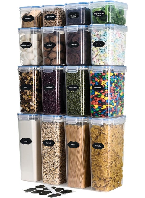 16PCS Airtight Food Storage Containers with Lids, BPA Free,4 Sizes Cereal Containers Storage Set with Labels and Pen, Storage Jars Set for Kitchen Organization, Ideal for Spaghetti, Cereal, Flour