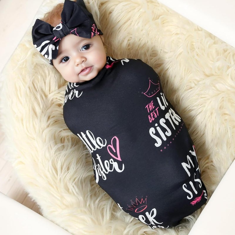 Galabloomer Newborn Receiving Blanket Headband Set Flower Print Baby Swaddle Blankets (Black Sister) - Image 2