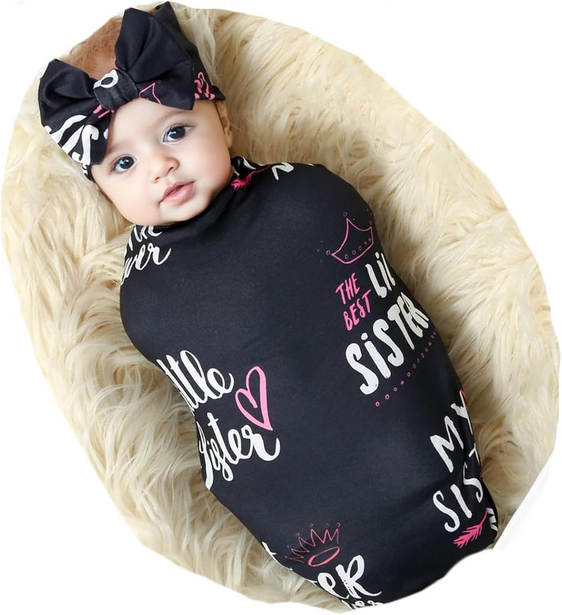 Galabloomer Newborn Receiving Blanket Headband Set Flower Print Baby Swaddle Blankets (Black Sister) - Image 1