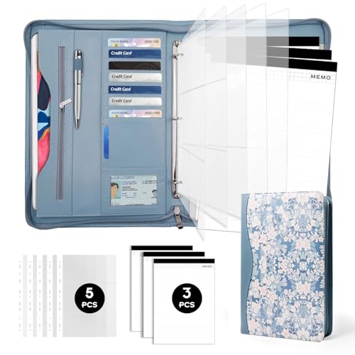 Sbrinnaliao Padfolio Portfolio Folder Binder-Organizer Planner Notebook Zippered Portfolio Padfolio for Women & Men with Document Sleeve,Letter/A4 Size Clipboard,Business Card Holders (Blue Flower) - Image 1