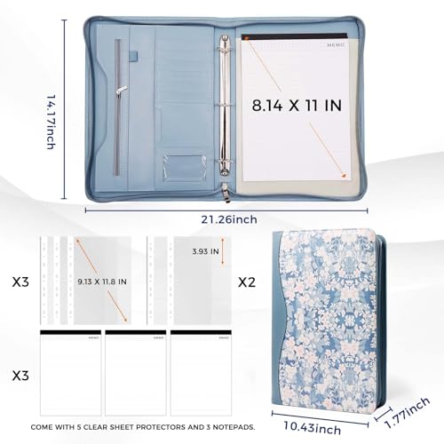 Sbrinnaliao Padfolio Portfolio Folder Binder-Organizer Planner Notebook Zippered Portfolio Padfolio for Women & Men with Document Sleeve,Letter/A4 Size Clipboard,Business Card Holders (Blue Flower) - Image 4