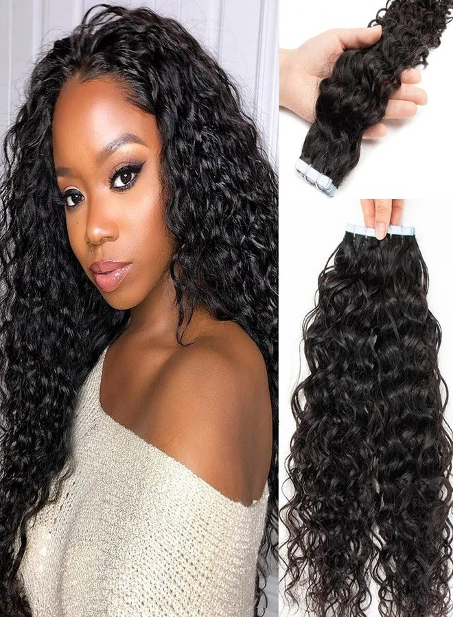 Smartinnov Water Wave Tape in Human Hair Extensions 20 Inch Curly Wave Brazilian Human Hair Adhesive Remy Hair Skin Weft Seamless Invisible PU Tape Ins for Black Women Thick End Double Sided 50g 20pcs/Pack - Image 1