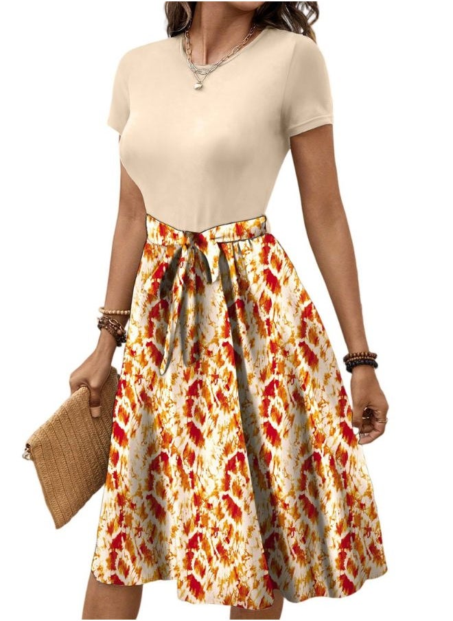 Tepveisoy Women's Fashionable Retro Patterned Printing Color Blocked Belt Casual Knee-length Dress  - Image 1