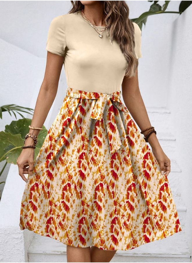 Tepveisoy Women's Fashionable Retro Patterned Printing Color Blocked Belt Casual Knee-length Dress  - Image 3