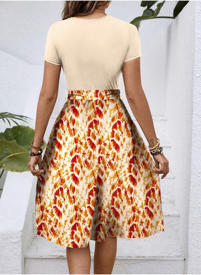 Tepveisoy Women's Fashionable Retro Patterned Printing Color Blocked Belt Casual Knee-length Dress  - Image 4