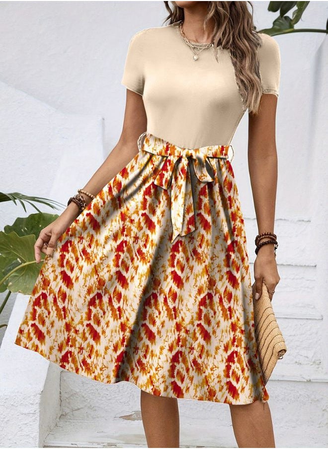 Tepveisoy Women's Fashionable Retro Patterned Printing Color Blocked Belt Casual Knee-length Dress  - Image 5