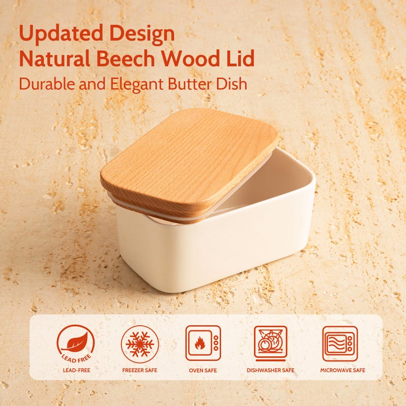 Sweese طبق زبدة كبير من سويز - حافظة زبدة محكمة الإغلاق تستوعب حتى 2 قطعة من الزبدة - وعاء خزفي مع غطاء خشبي من خشب الزان، أبيض - Image 3