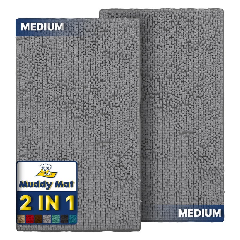 Muddy Mat 2Piece Grey Medium 30X19 ASSEENONTV Highly Absorbent Microfiber Door Mat Bath Mat and Pet Rug Non Slip Thick Washable Soft Chenille for Kitchen Bathroom Bedroom Indoor and Outdoor