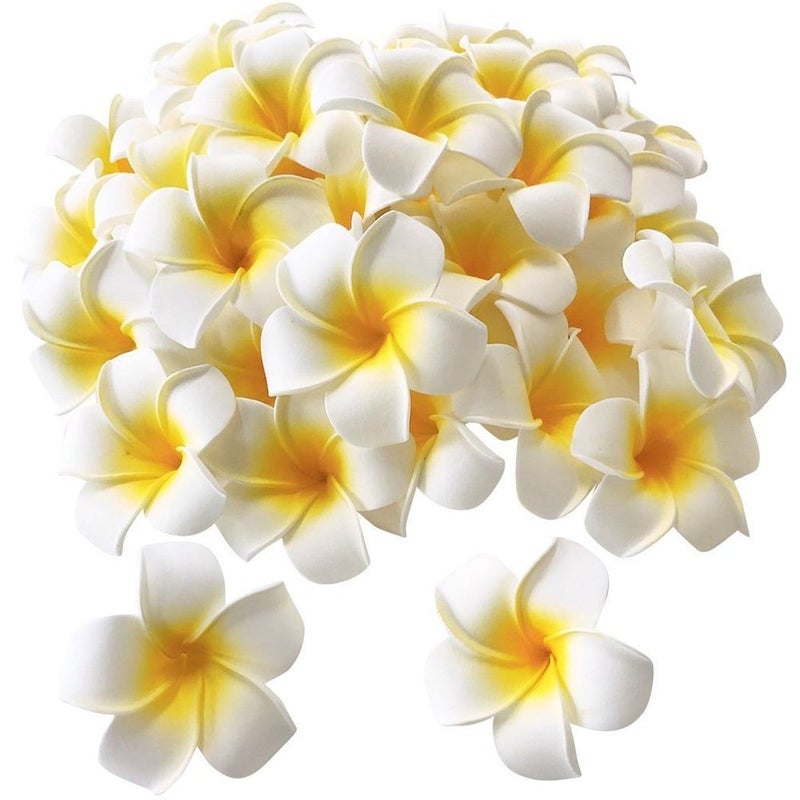 Pursuestar Pursuestar 100Pcs White Foam Hawaiian Frangipani Artificial Plumeria Flower Petals Cap Hair Hat Wreath Floral DIY Home Wedding Decoration 5cm  - Image 1