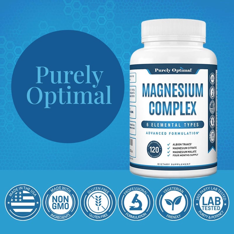 Purely Optimal Magnesium Complex  High Absorption 6 Forms Magnesium Glycinate Citrate  Malate  Sleep Support Stress Relief Muscles Heart Health  Relaxation  120 Capsules - Image 5