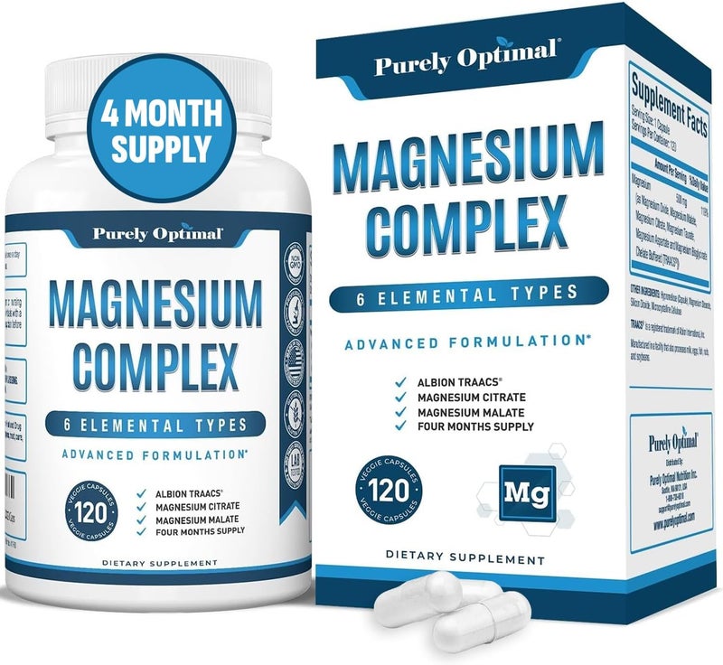 Purely Optimal Magnesium Complex  High Absorption 6 Forms Magnesium Glycinate Citrate  Malate  Sleep Support Stress Relief Muscles Heart Health  Relaxation  120 Capsules - Image 1