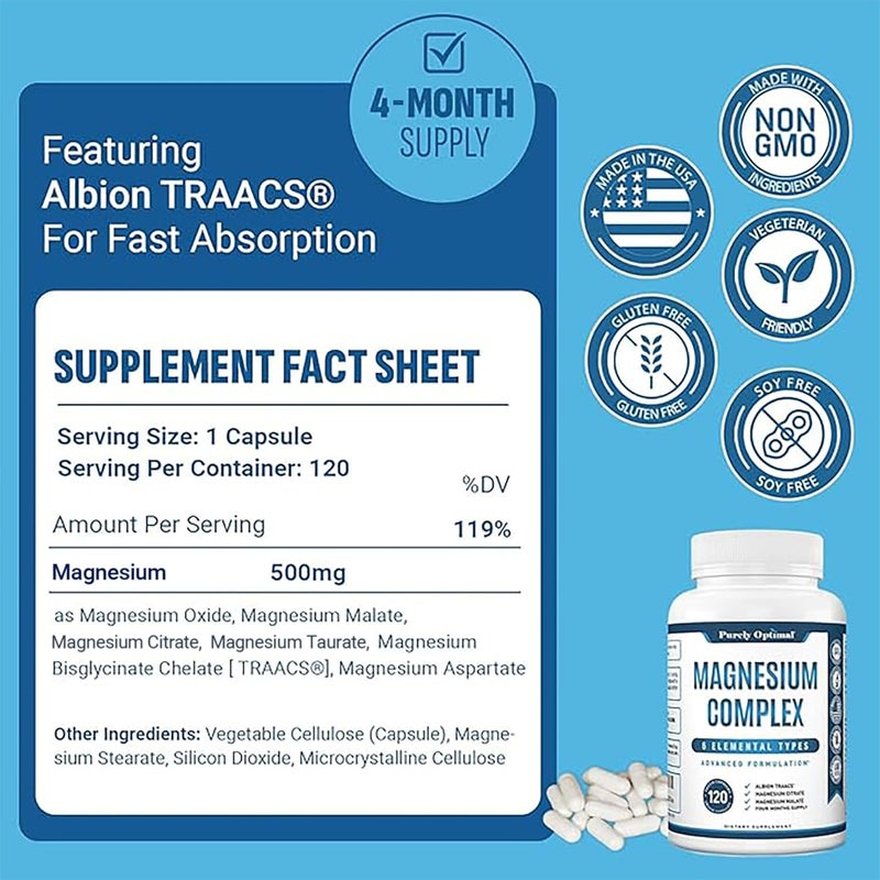 Purely Optimal Magnesium Complex  High Absorption 6 Forms Magnesium Glycinate Citrate  Malate  Sleep Support Stress Relief Muscles Heart Health  Relaxation  120 Capsules - Image 2