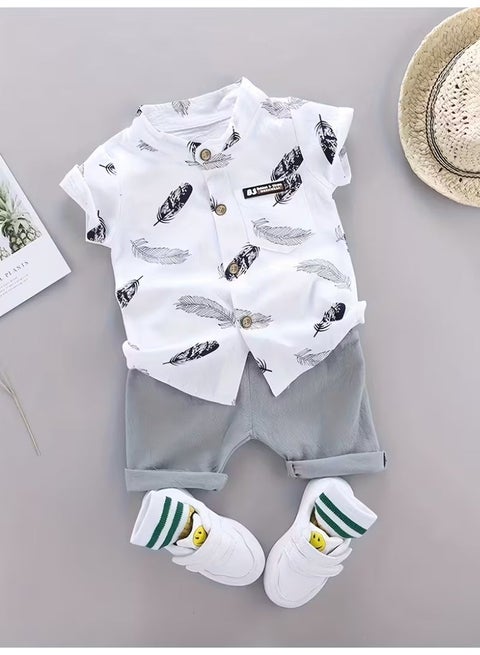 Youngsters' Summer Feather Print Set - White Short Sleeve Shirt with Black Feathers & Grey Shorts - Casual 2-Piece Outdoor Playwear