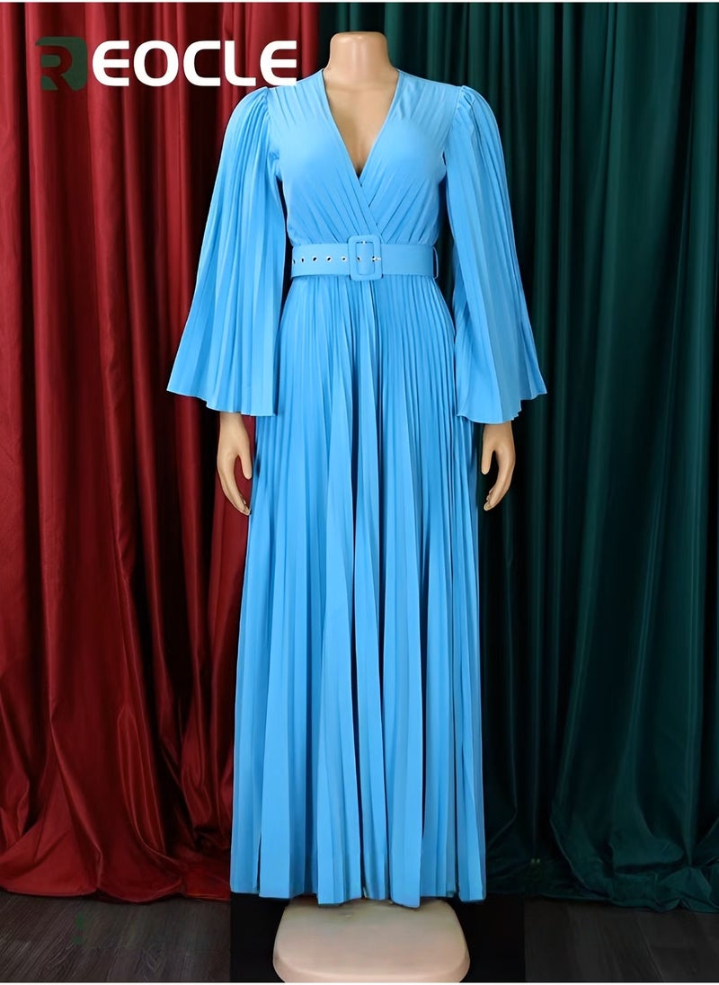 REOCLE Women's Maxi Elegant V Neck Cocktail Dress Wedding Evening Pleated A Line Rocker Swing Dress with Belt - Image 3