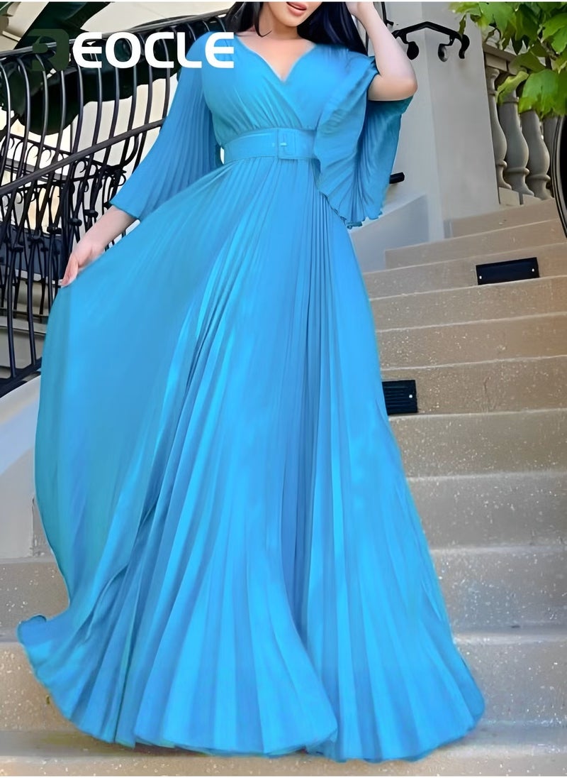 REOCLE Women's Maxi Elegant V Neck Cocktail Dress Wedding Evening Pleated A Line Rocker Swing Dress with Belt - Image 2